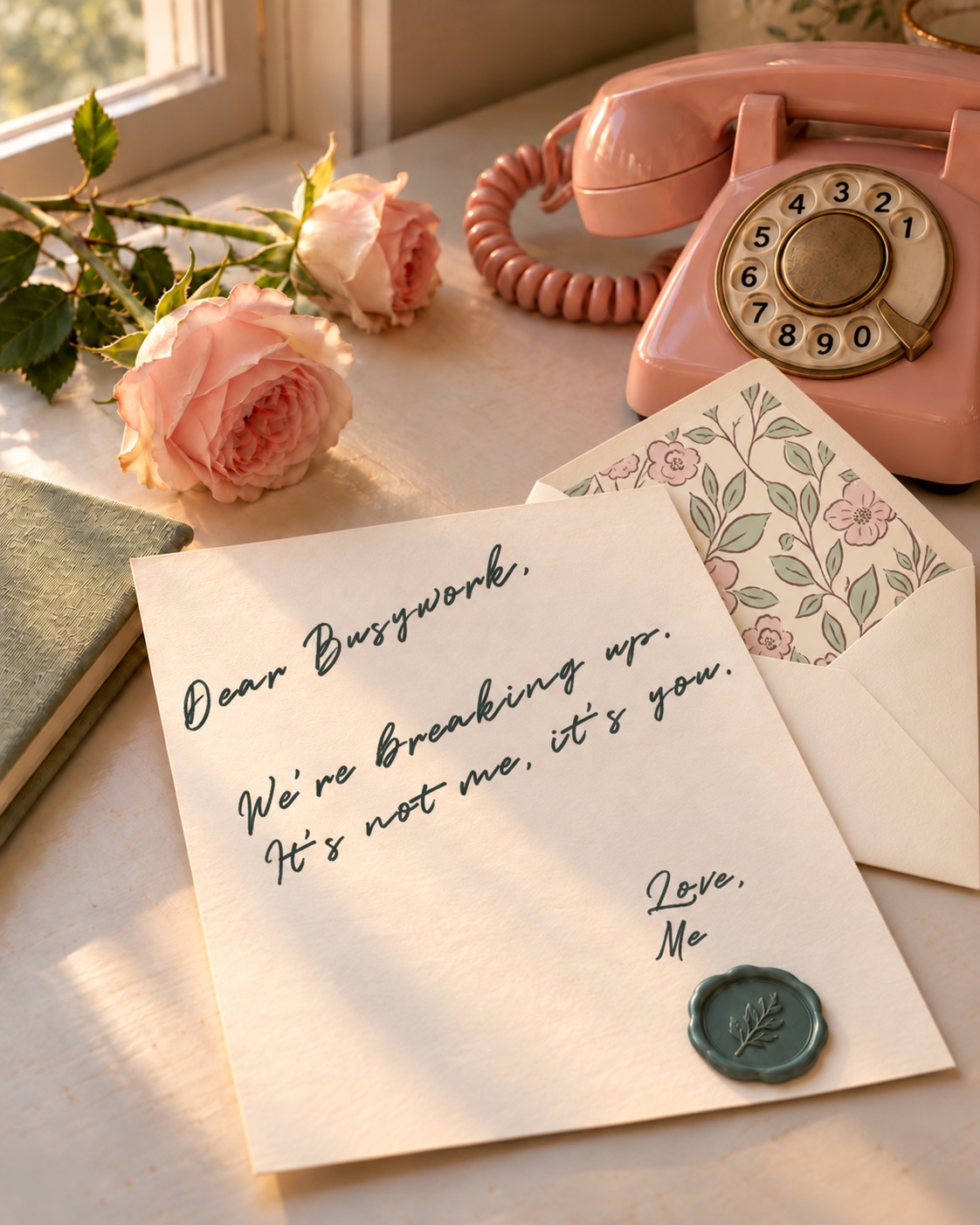 A blush vintage telephone, loosely gathered roses, and ivory stationery in golden window light.
